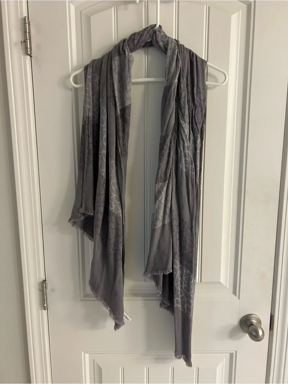 🤩 Calvin Klein Gray Logo Monogram Scarf | Lightweight Rayon Fringe Wrap Shawl